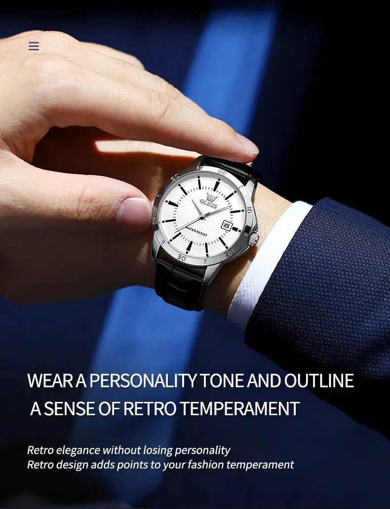 OLEVS men's dress watch with white dial, black leather strap, stainless steel case and date window