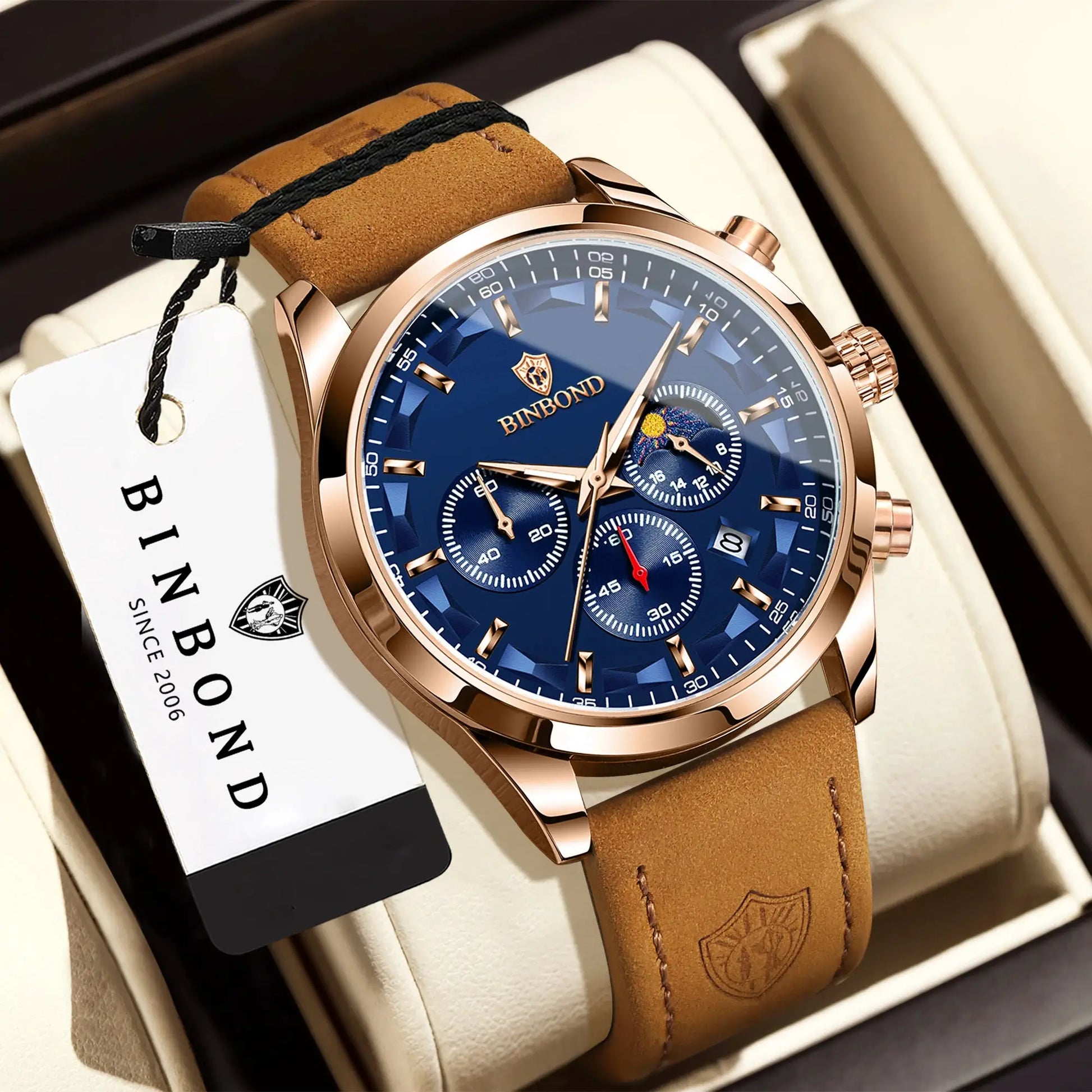 BINBOND men's luxury quartz chronograph watch with blue dial, rose-gold case and tan leather strap