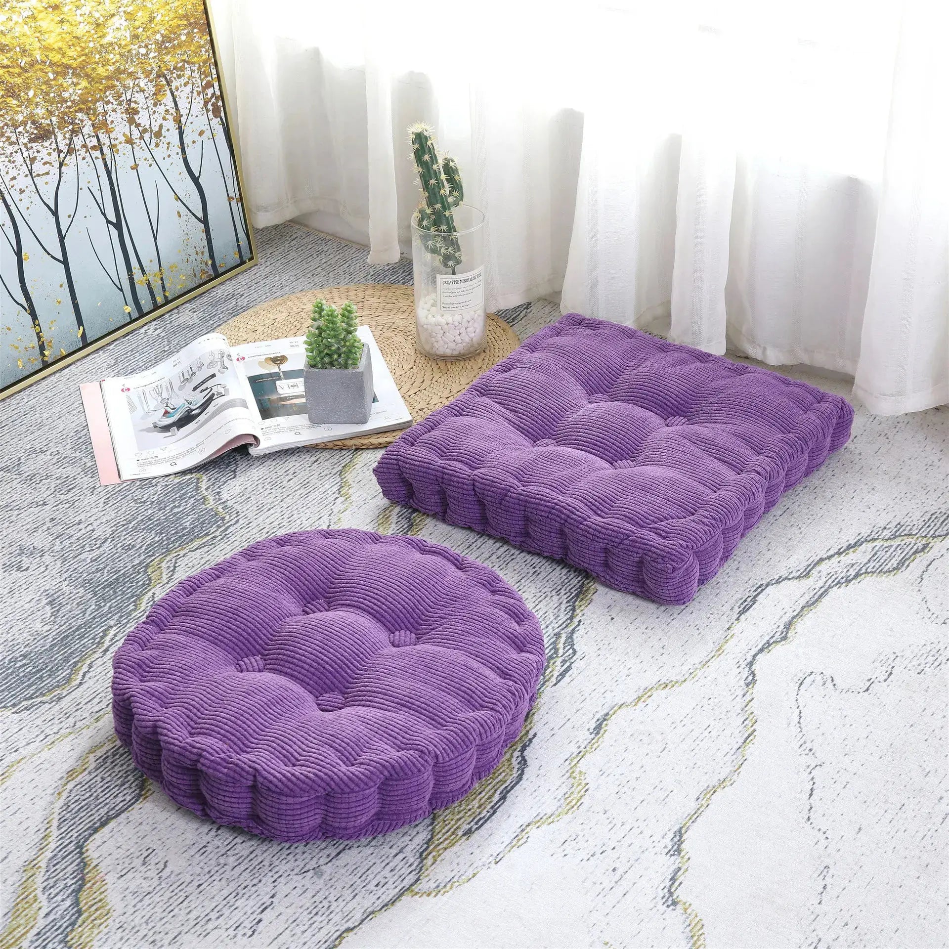 Simples Market purple tufted seat cushions, 4-pack, square 50x50 cm, thick corduroy floor pillows.