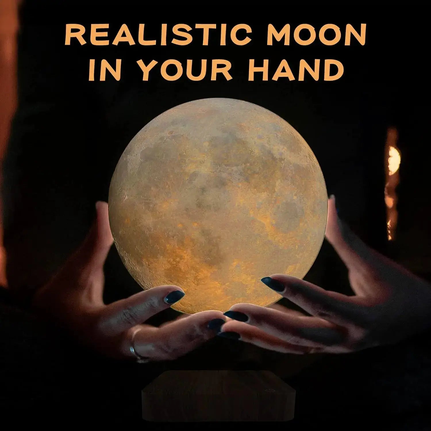 Magnetic floating moon lamp with wooden base by Simples Market, 3-color temperature LED night light held in hands
