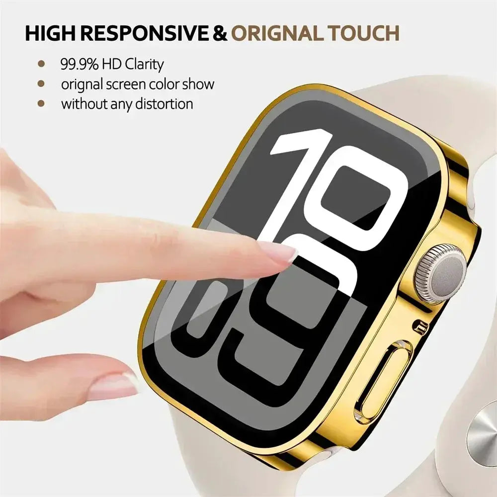 Apple Watch screen protector with tempered glass and gold PC bumper, fits 40–46mm Series 4–9 & SE, by Simples Market
