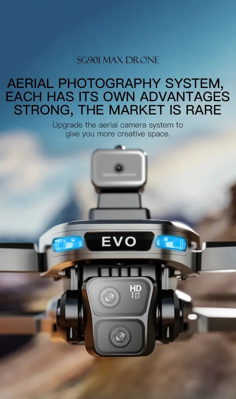 Lenovo SG901 MAX GPS Drone front view with EVO logo, dual camera gimbal and blue LED lights