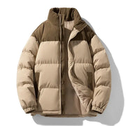 Men's beige and brown color-block puffer jacket with stand collar and zip front