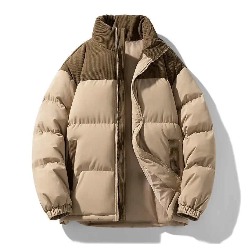 Men's beige and brown color-block puffer jacket with stand collar and zip front