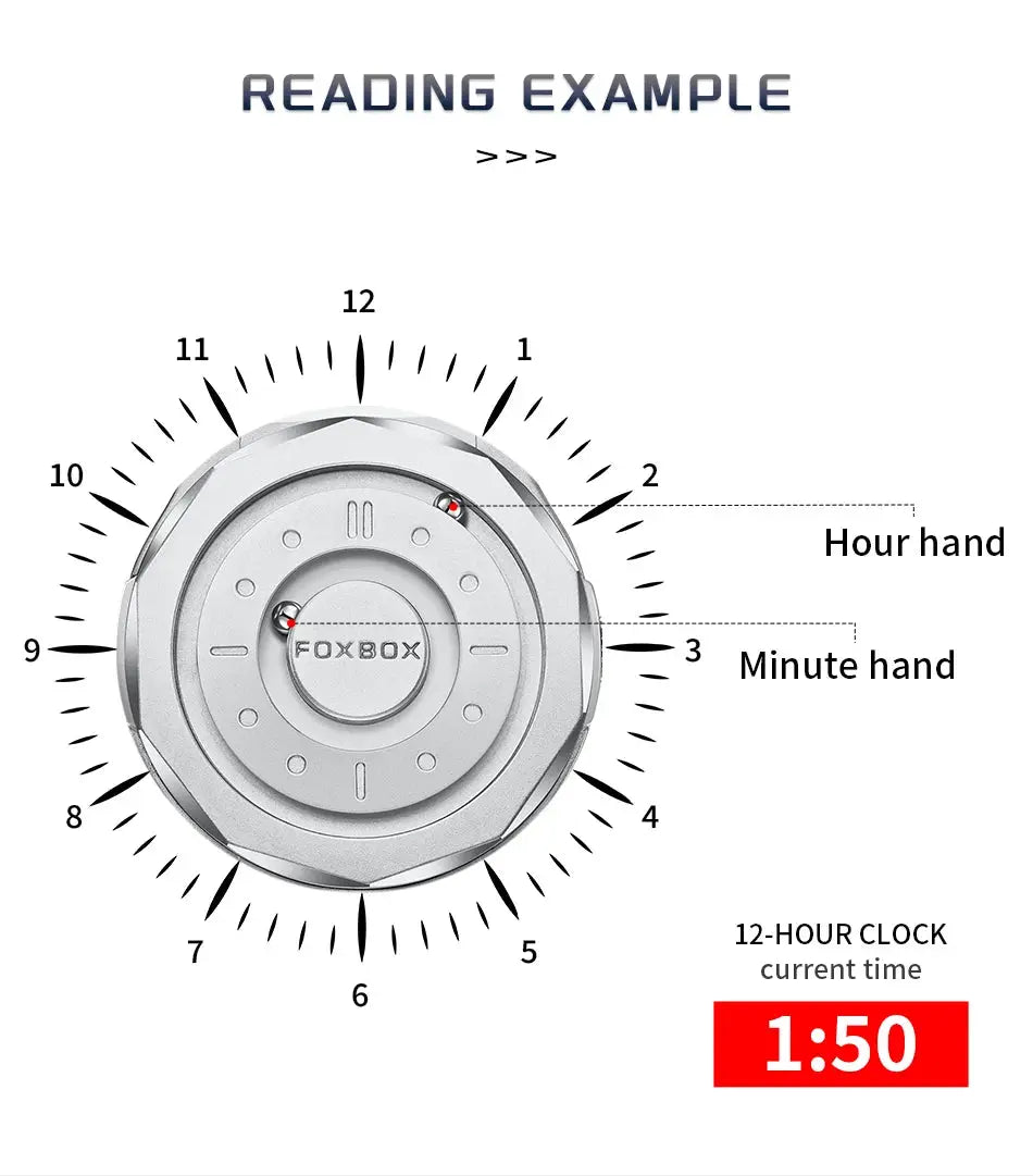 FOXBOX men's stainless steel quartz watch diagram showing hour and minute hands, time 1:50, Simples Market branding.