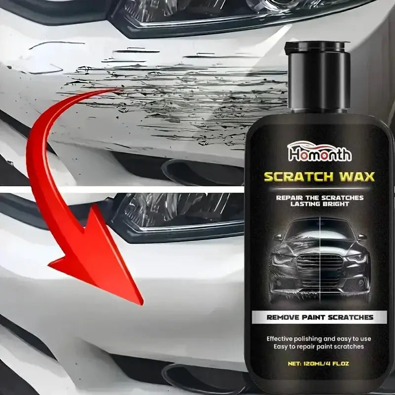 Homonth Scratch Wax car scratch repair polish; black bottle beside a white car bumper with scratches