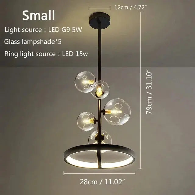 Simples Market Modern Art Glass Chandelier; black metal fixture with five glass globes and LED ring light
