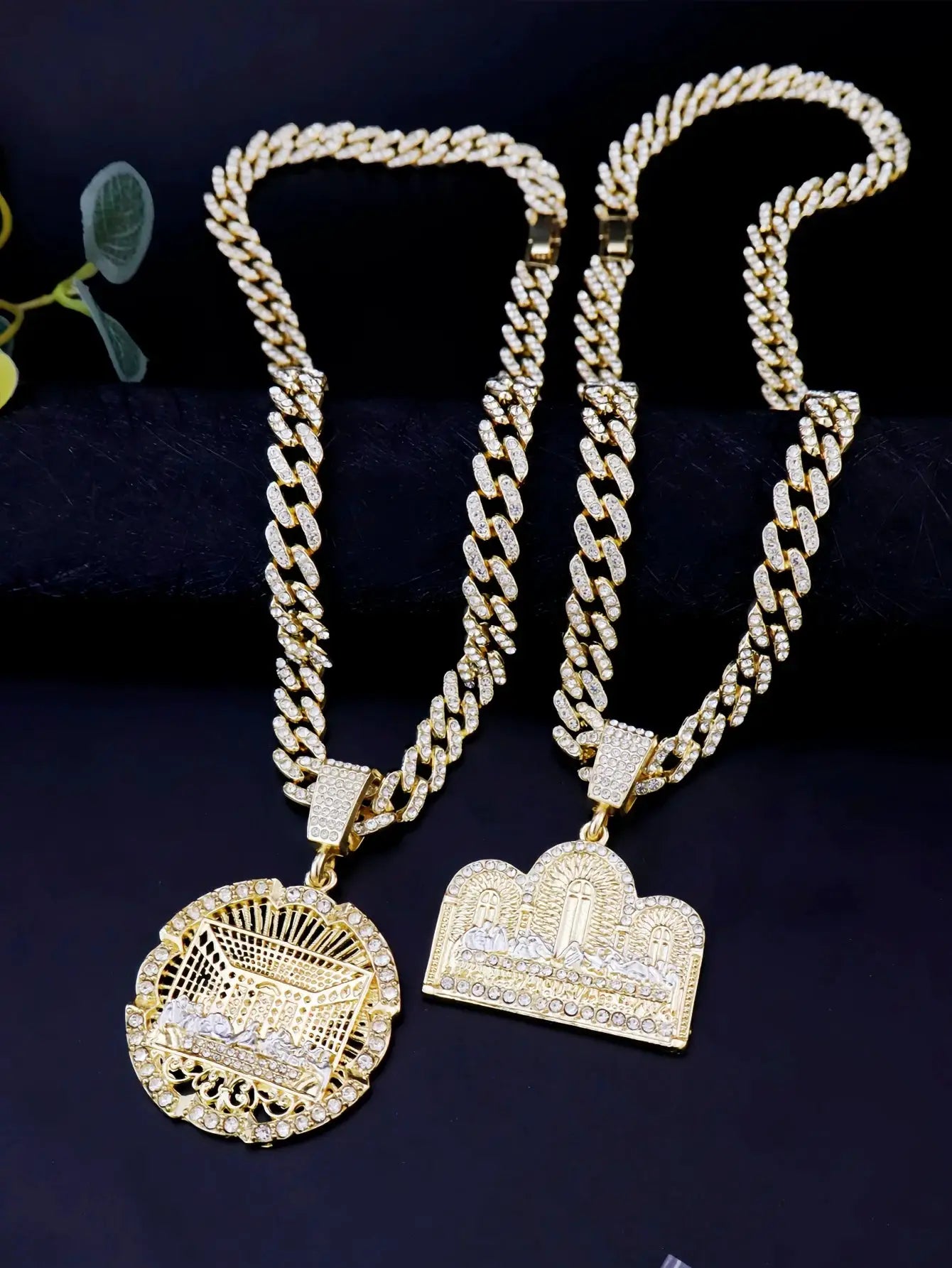 14K Gold tone Last Supper Round Medallion Necklace With Cuban Chain And Figaro Cross Charm For Hip Hop Punk Style