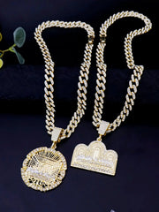 14K Gold tone Last Supper Round Medallion Necklace With Cuban Chain And Figaro Cross Charm For Hip Hop Punk Style