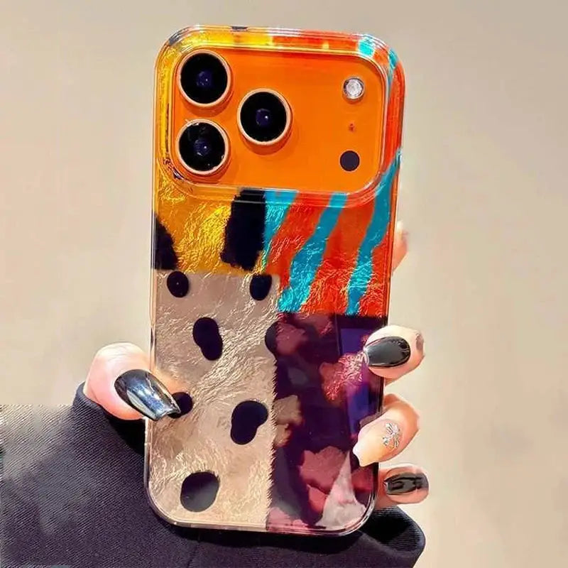 iPhone case by Simples Market with retro four-color leopard pattern and stitched panels, orange top