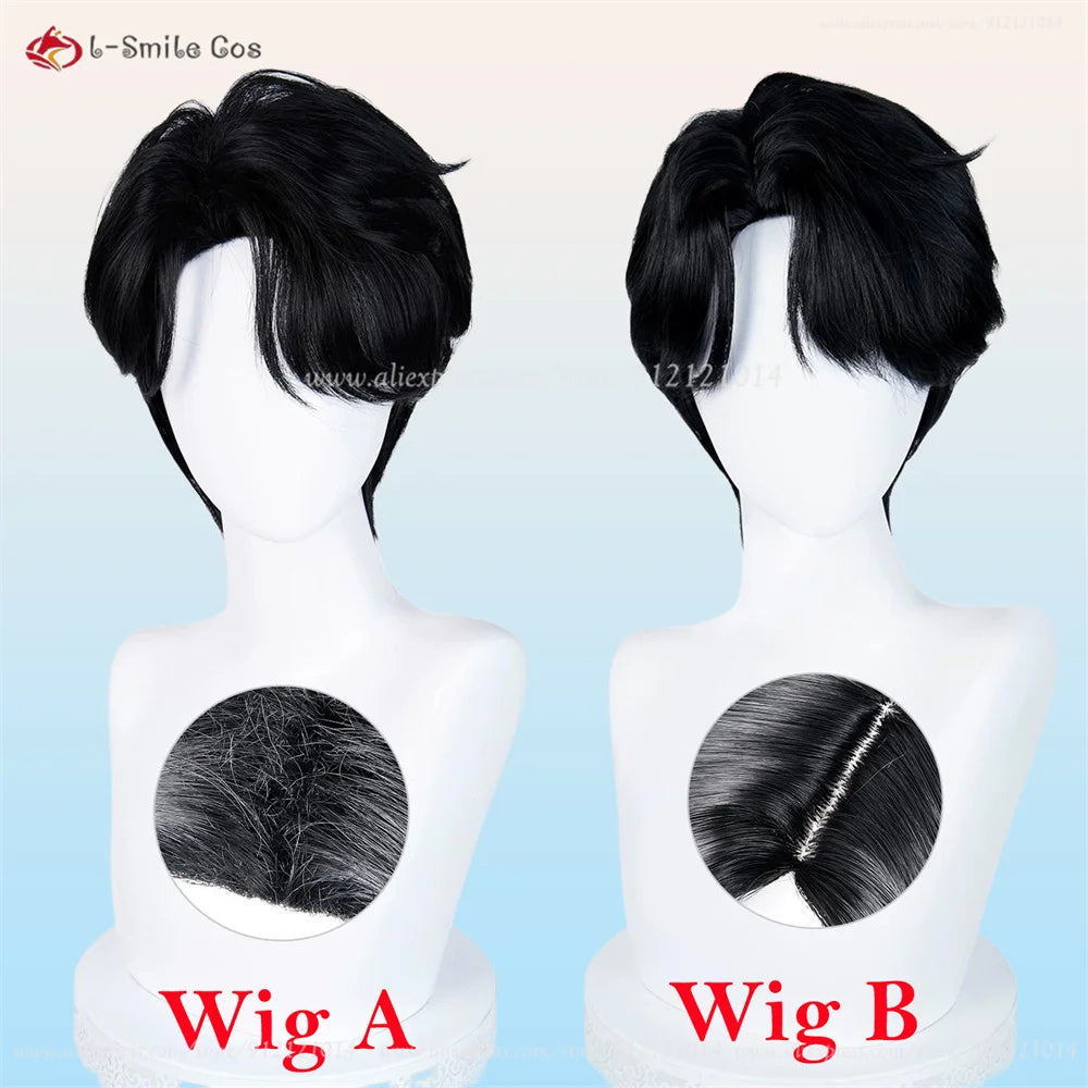 Anime cosplay wigs set by Simples Market; two black heat-resistant synthetic wigs (Wig A, Wig B) for cosplay