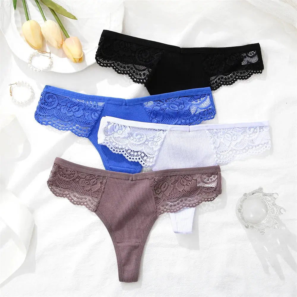 Simples Market 4-pack women's cotton lace thongs with V-waist, breathable, assorted colors black blue white taupe