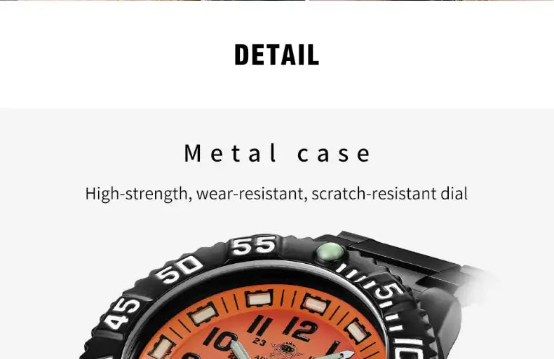 Addies men's military sport watch with orange dial, black bezel, metal case, nylon/steel strap