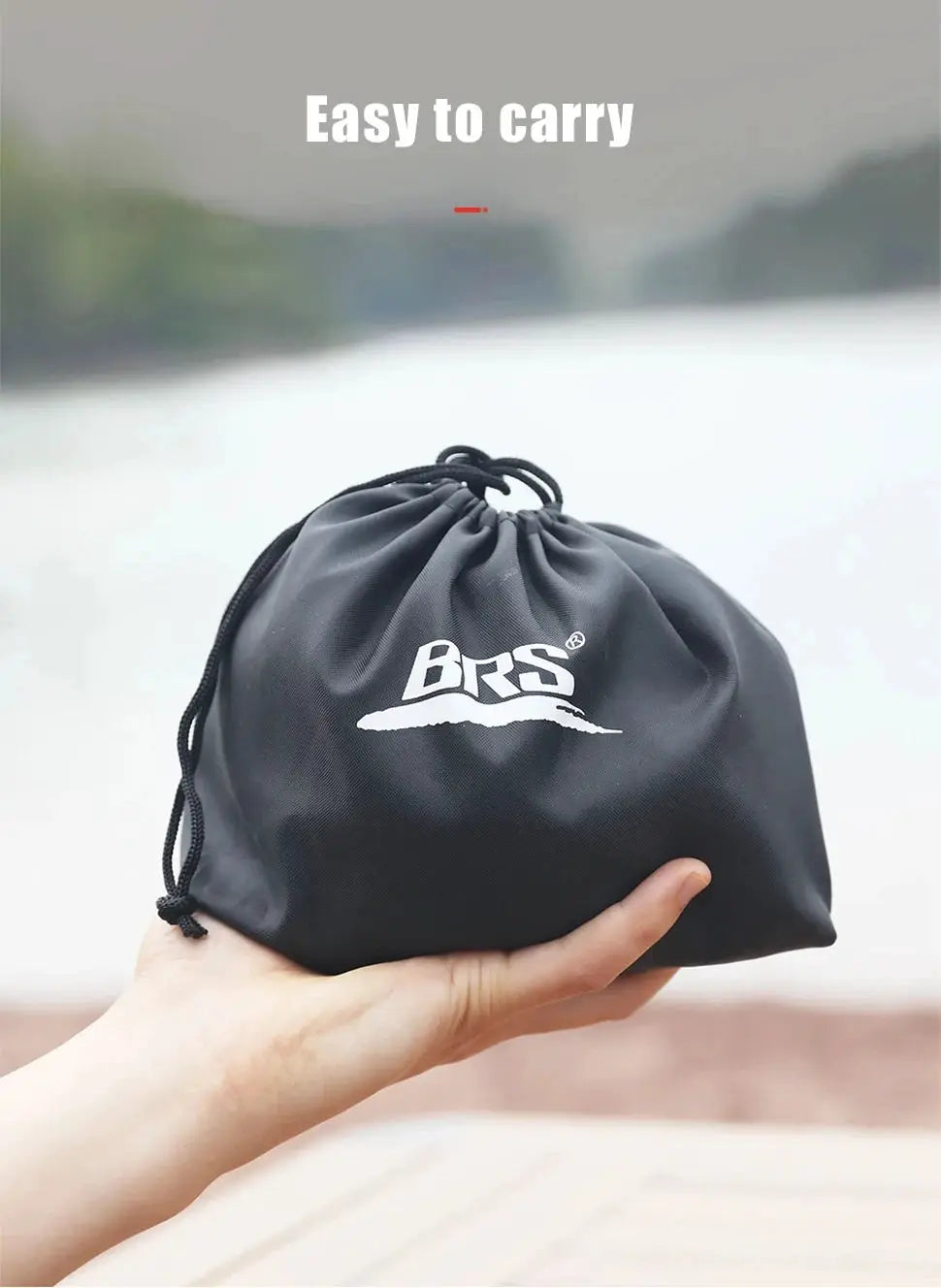 BRS camping stove carry bag, black fabric with white BRS logo and drawstring closure.