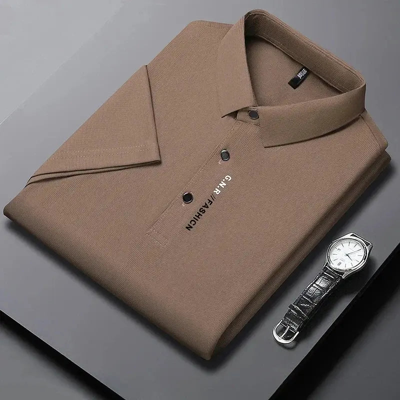 Simples Market men's short sleeve polo shirt, solid brown, breathable fabric, casual business style