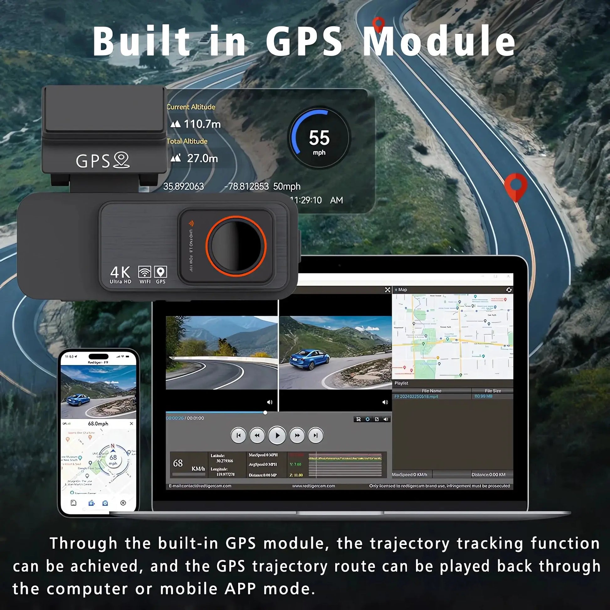 Dash Cam Dual Lens 4K UHD car camera with built-in GPS, Wi‑Fi and night vision by Simples Market, black