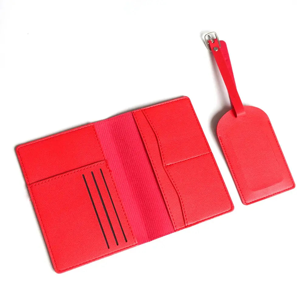 Red passport cover set with pink elastic band and red luggage tag, 2-piece travel essentials