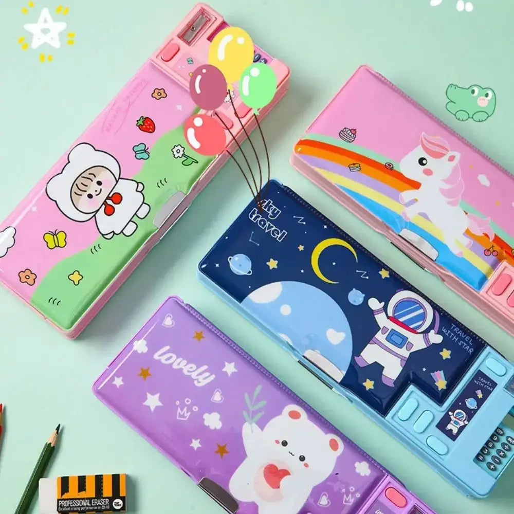 Plastic pencil case with built-in calculator and sharpener; five colorful double-sided cases