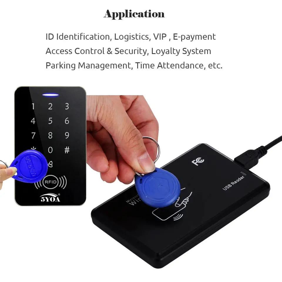 10-pack blue 125KHz TK4100 EM4100 RFID keyfobs for door access control with USB proximity reader