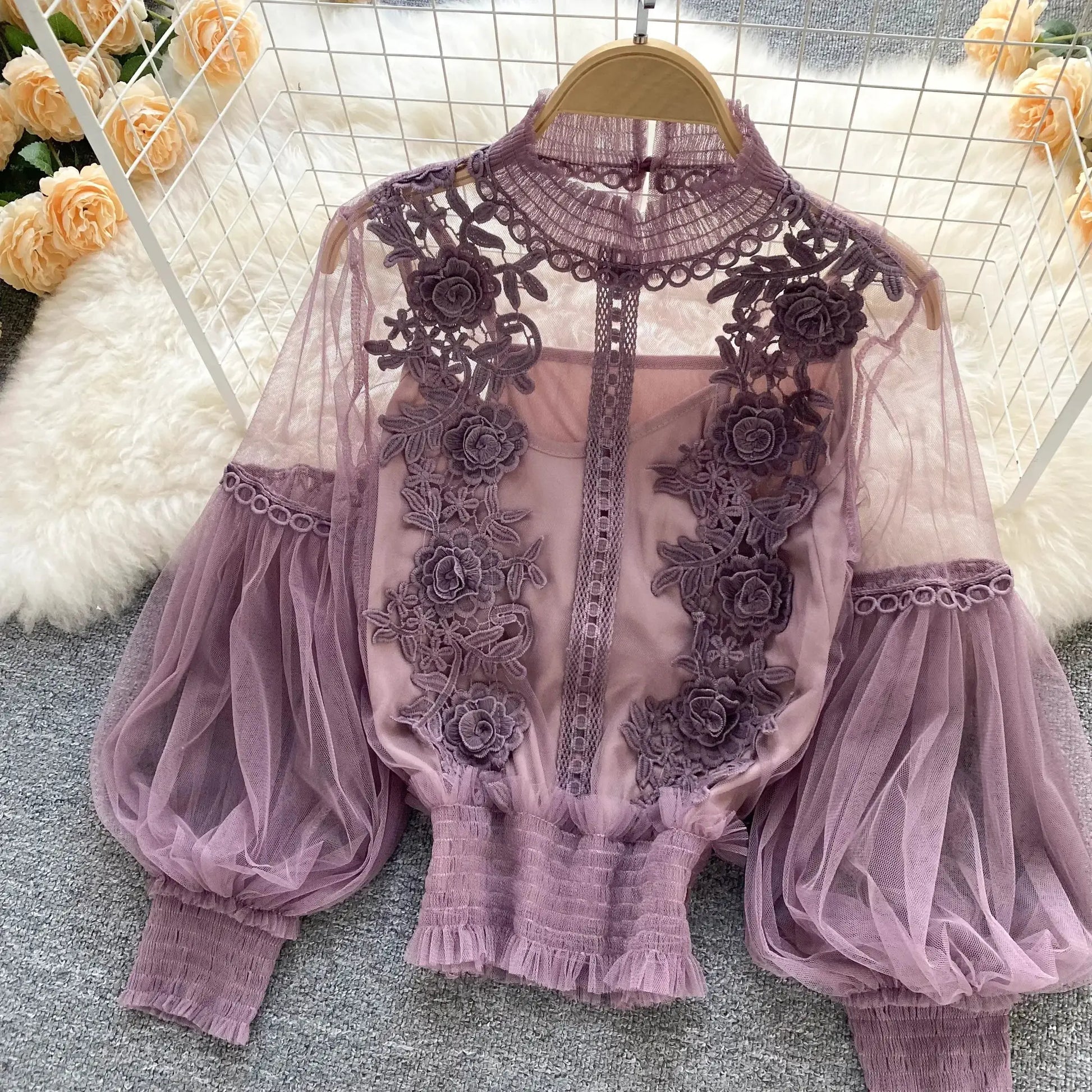 Lace puff long-sleeve blouse in mauve with floral appliqué and sheer tulle sleeves