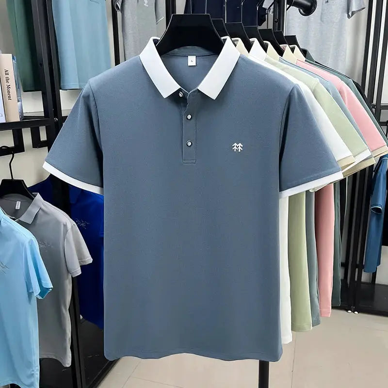 Simples Market polo shirt, blue-gray silk-cotton short sleeve with white collar trim