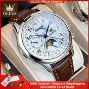 OLEVS 6667 luxury automatic men’s watch with white dial, blue hands, moonphase, brown leather strap