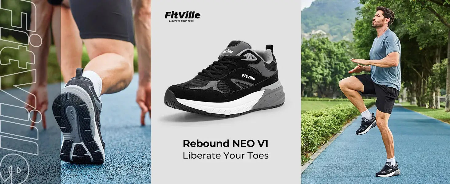FitVille Rebound NEO VI men’s black/gray wide-width walking shoes with arch support