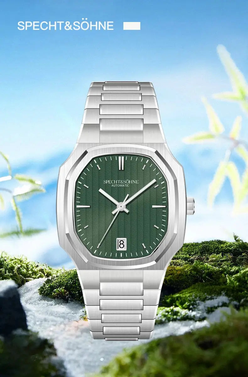 Specht&Söhne 37mm automatic men's watch, stainless steel bracelet, green dial with date