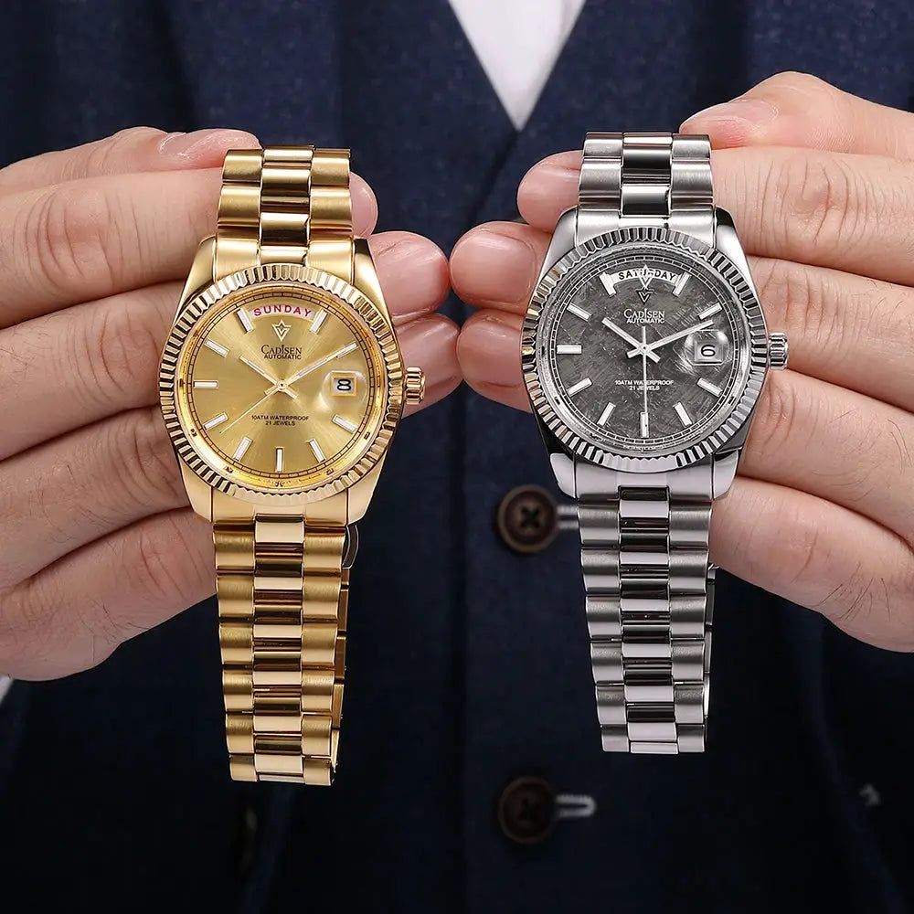 2 CADISEN DD40 men's watches with gold-tone and silver-tone stainless steel bracelets, sapphire glass