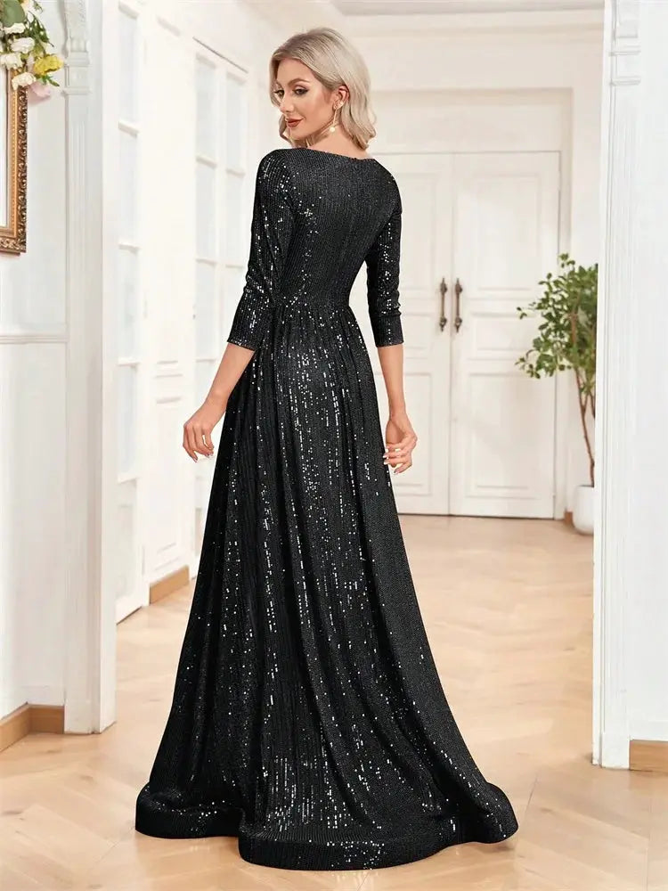 Luxury V Neck Long Sleeve Blue Sequins Formal Evening Dress Women Maxi
