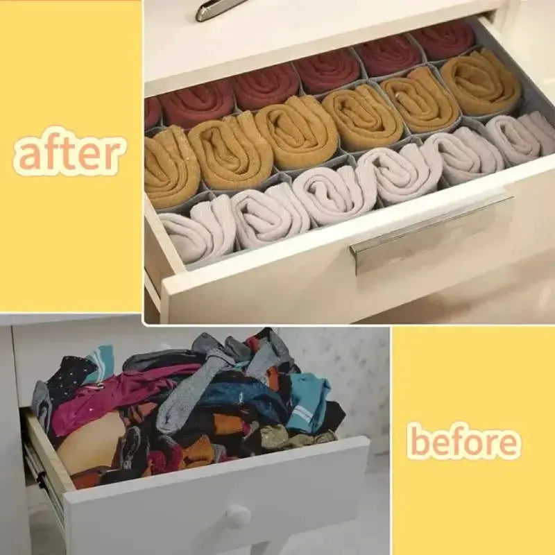 Drawer organizer by Simples Market for underwear and socks; white drawer with gray dividers and neatly rolled towels.