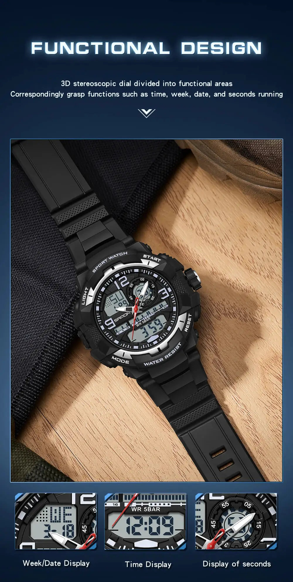 SANDA 6130 dual-display men's sport watch, black resin band, waterproof with analog-digital displays
