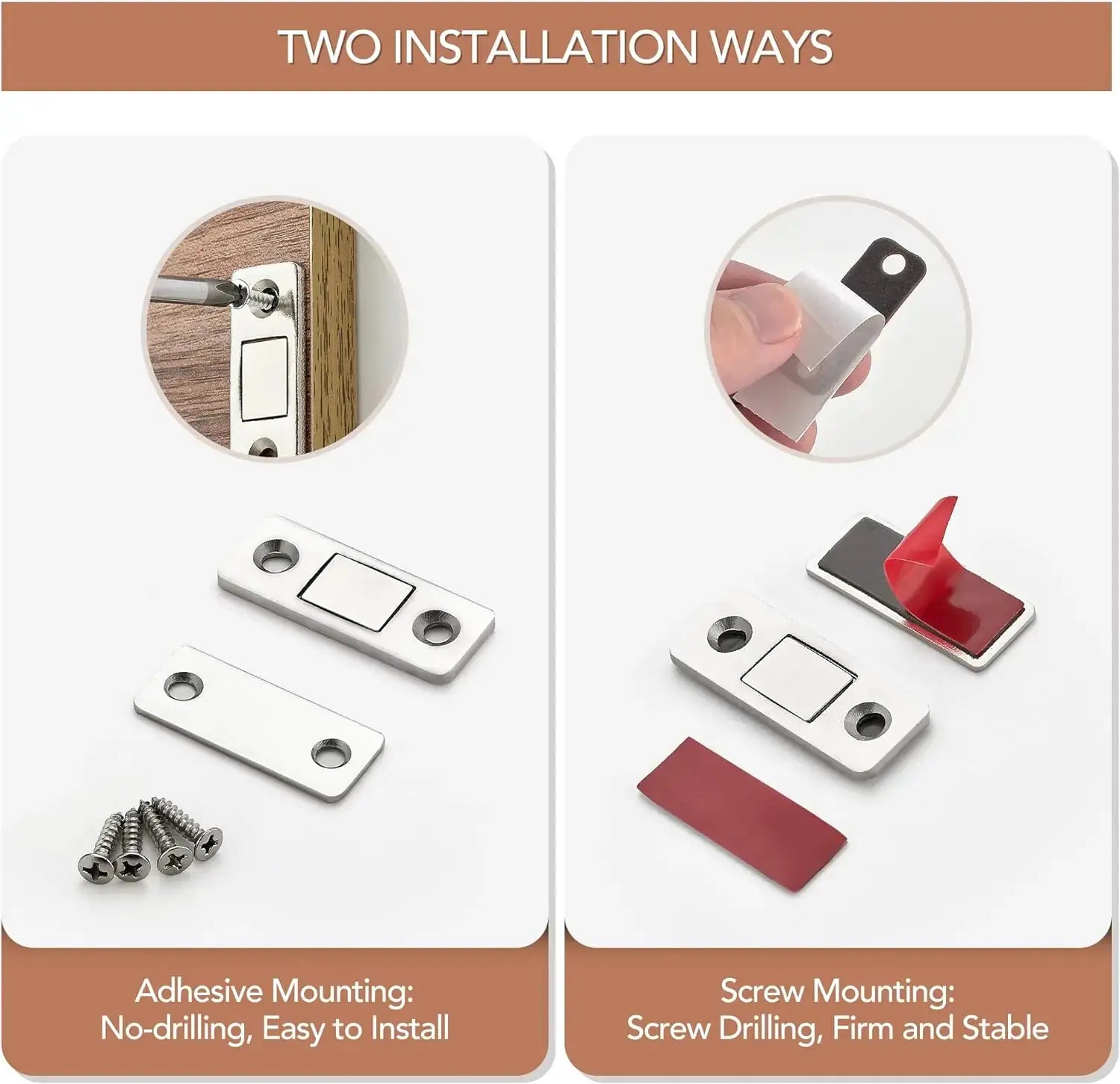 Simples Market magnetic cabinet catch set ultra-thin silver metal with adhesive or screw mounting hardware