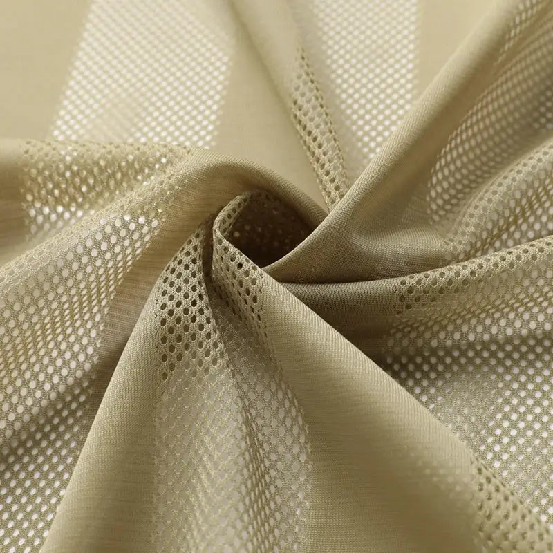 Men's sleeveless vest by Simples Market, beige breathable mesh fabric close-up