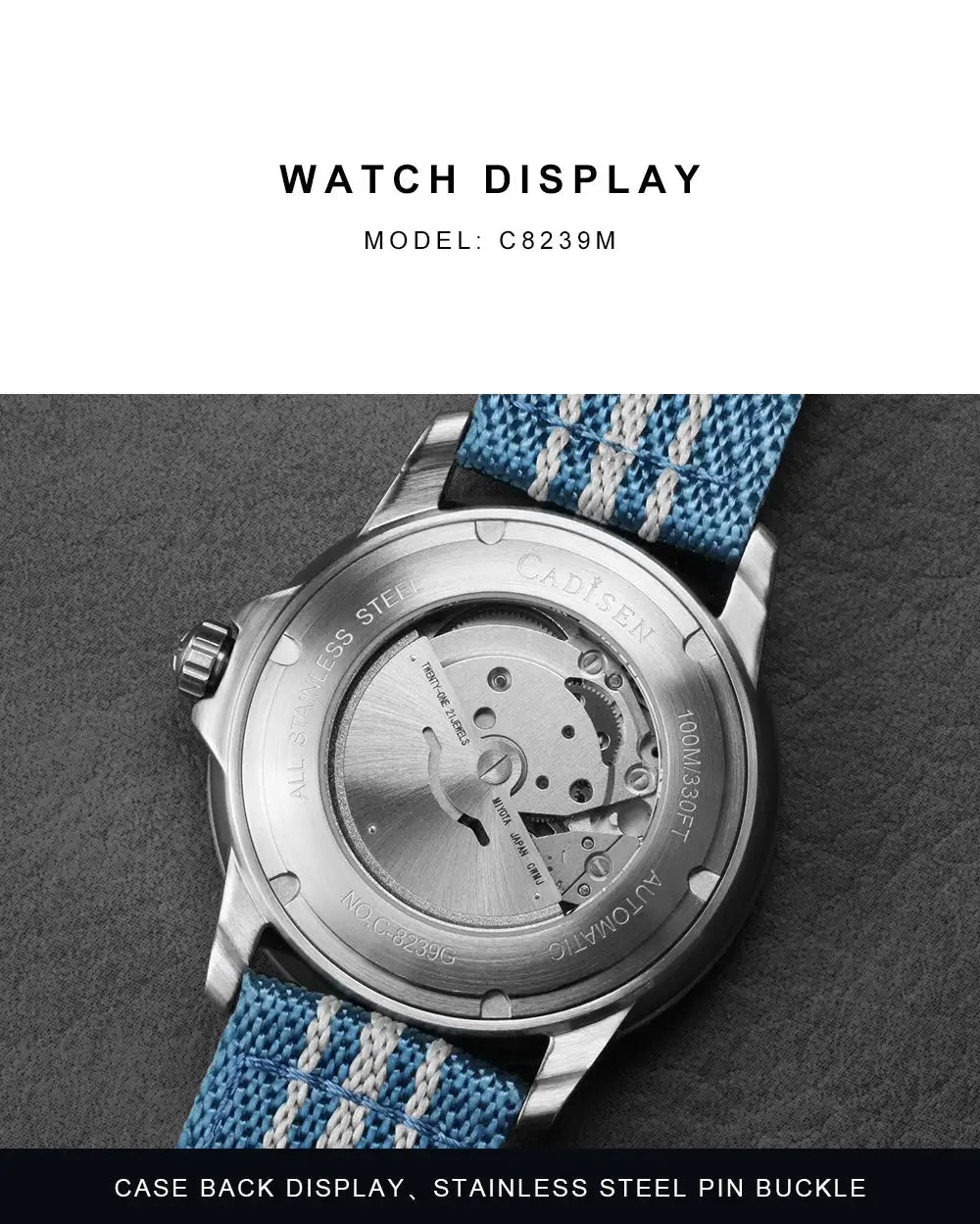 CADISEN wristwatch with blue canvas strap and stainless steel case back exposing the mechanical movement