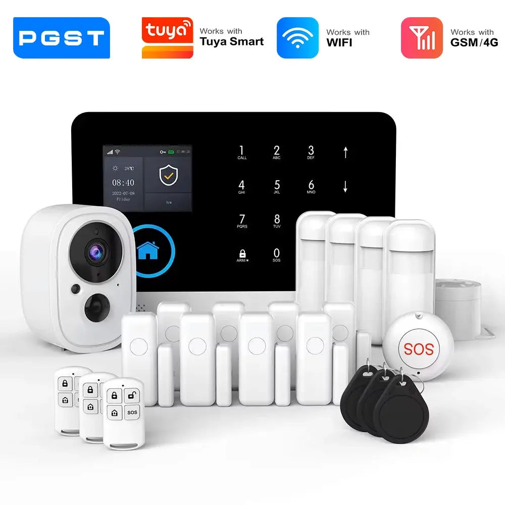 PGST wireless 4G GSM alarm system kit with PIR sensors, camera, door sensors, key fobs, and touchscreen panel