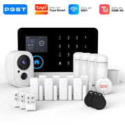 PGST wireless 4G GSM alarm system kit with PIR sensors, camera, door sensors, key fobs, and touchscreen panel