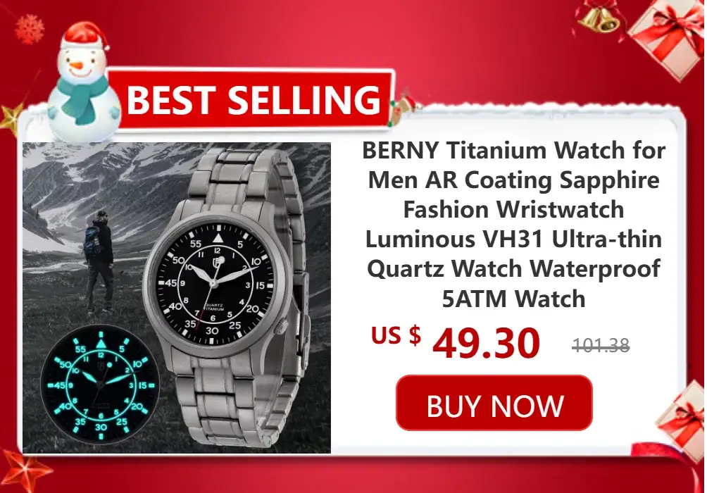 BERNY men’s wristwatch with metal bracelet and black dial, luminous markers; 2 watches shown, 5ATM waterproof