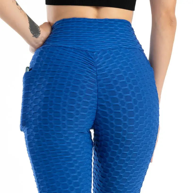 Womens blue high-waist pocket leggings with honeycomb texture for gym and running, Simples Market