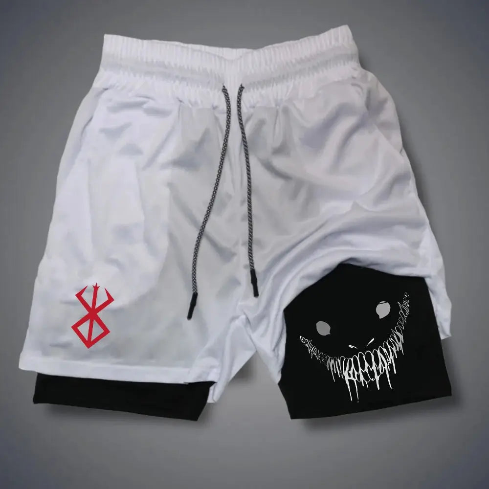 Men's 2-in-1 running shorts, white outer with black inner layer, red geometric logo on left leg, drawstring, quick-dry