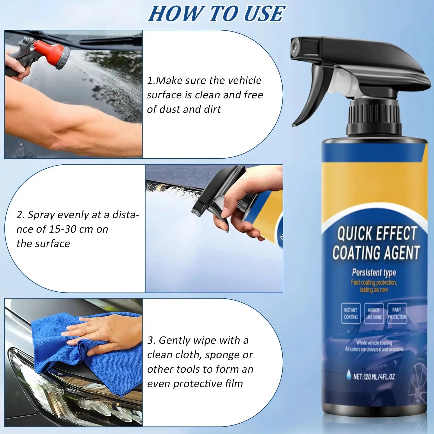 Simples Market blue car coating spray bottle with yellow label; three-step usage diagrams for spray, wipe and finish.