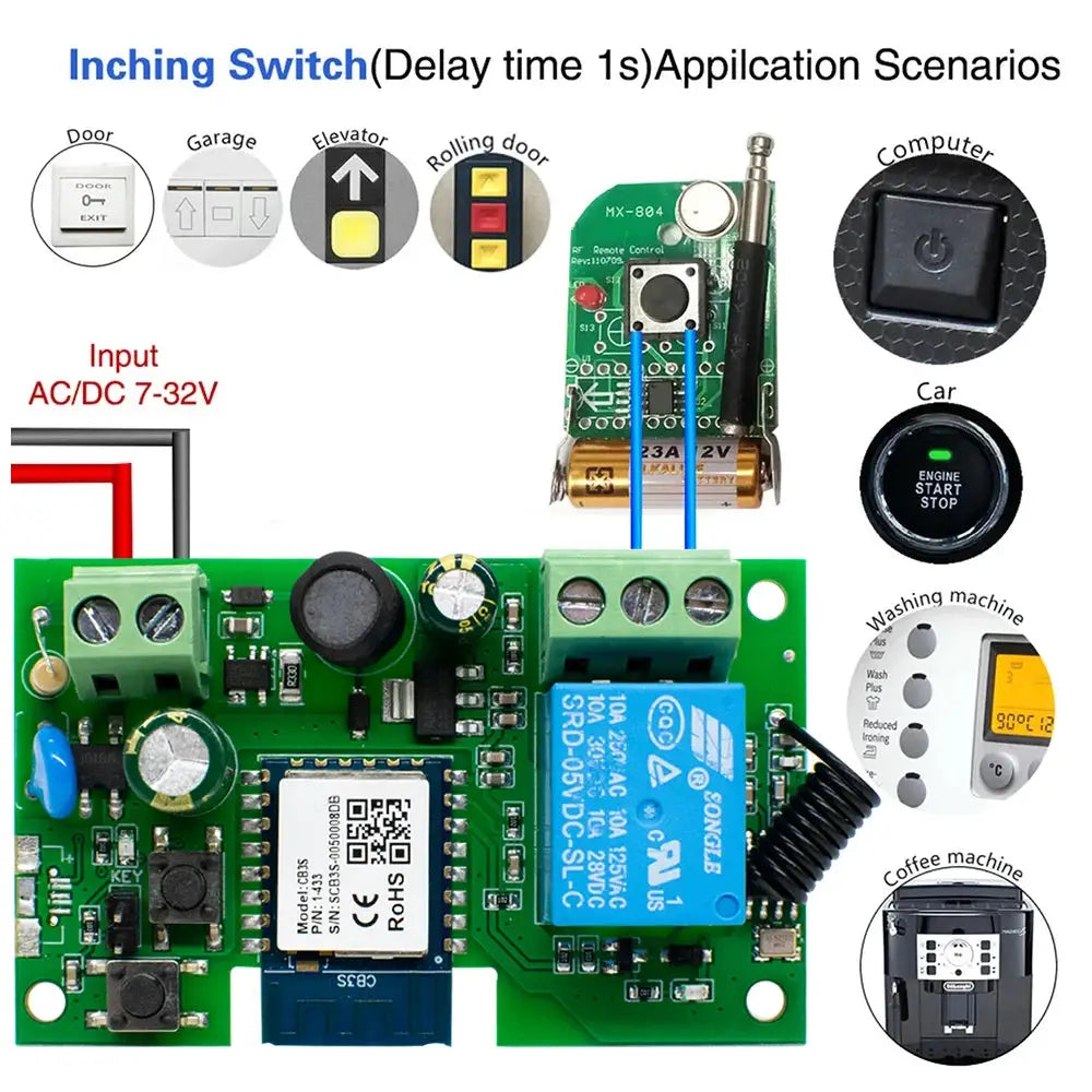 WIFI Smart Garage Gate Relay Module with RF433 remote on green PCB with blue relay