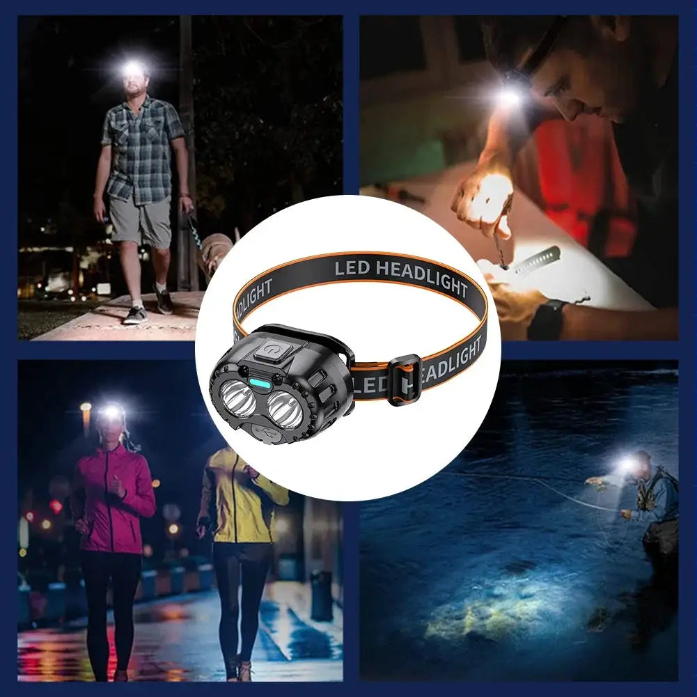 Simples Market LED headlamp; black body with orange ring, dual LEDs, worn on headband for outdoor use.