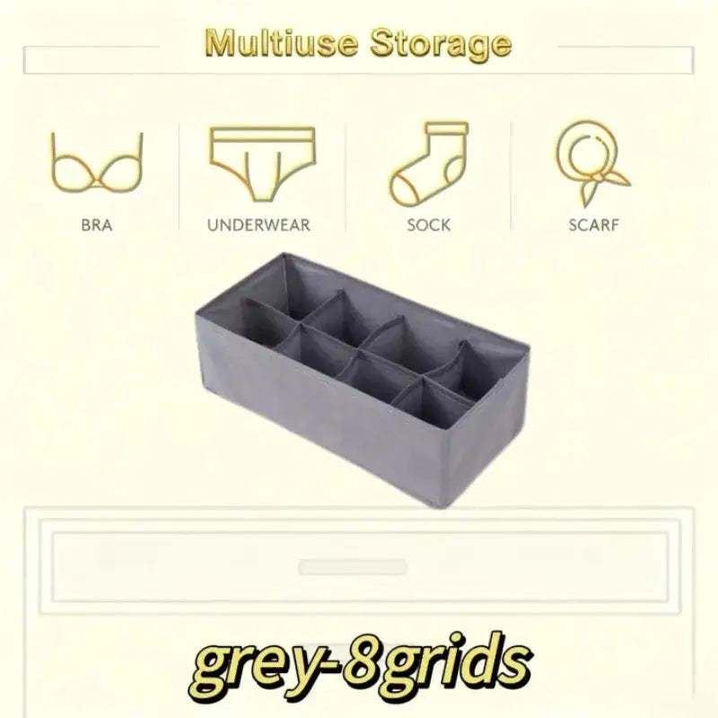 Grey 8-grid drawer organizer for underwear, socks, and bra.