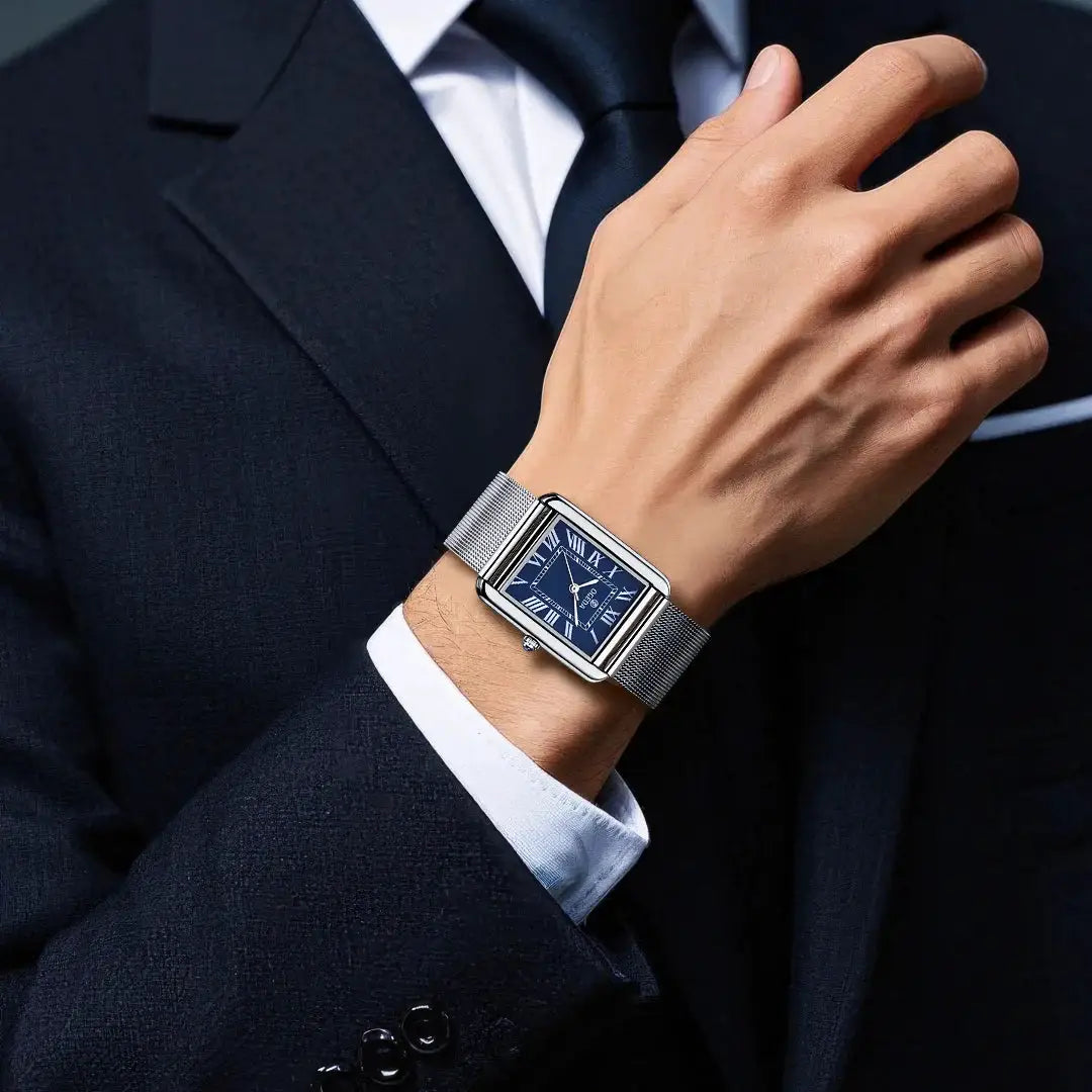 OGEDA square-dial couple watch with blue face and stainless steel mesh strap