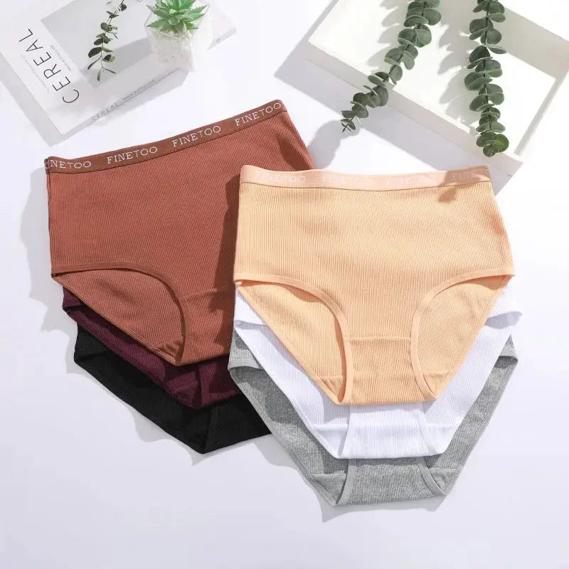 Women's seamless cotton briefs, 6-pack in peach, beige, brown, black, white, gray with FINETOO waistband