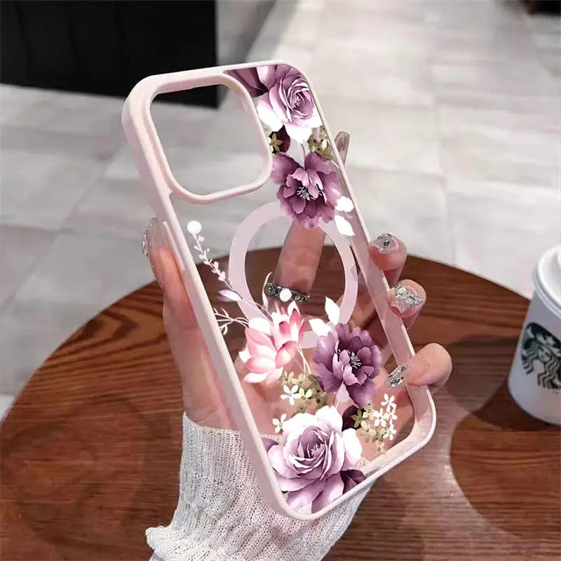 Simples Market lavender pink floral print iPhone case with clear back and wireless charging compatibility