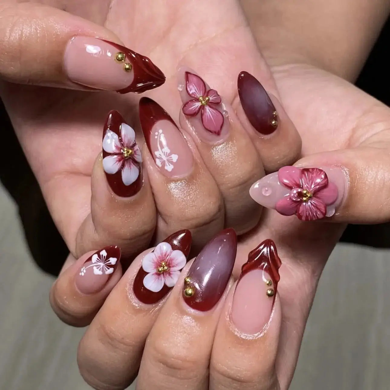 GlamNail Pink Almond Press On Nails Full Coverage Carved Flower 3D Ripple French Tips Golden Pearl Finish