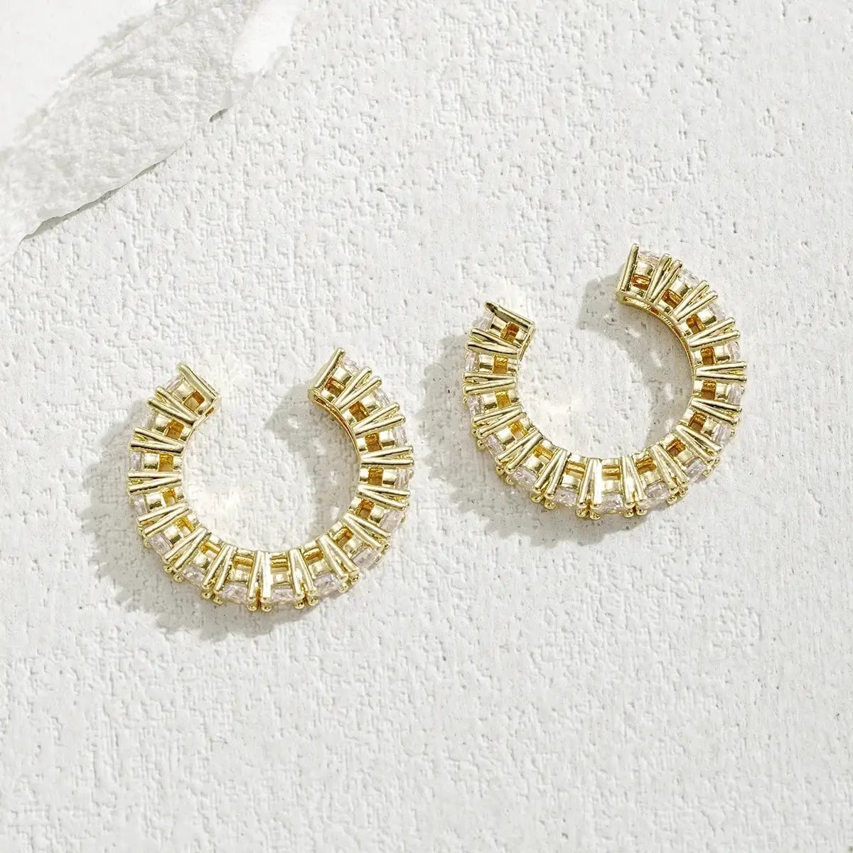 Ear cuffs set of 2, gold-tone rhinestone ear clips for non-pierced ears, circular C-shape hoops