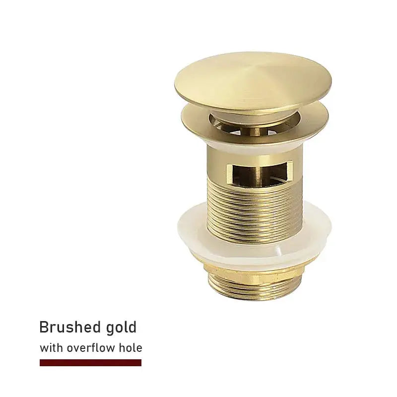 Bathroom sink push-down pop-up stopper drain in brushed gold by Simples Market with overflow
